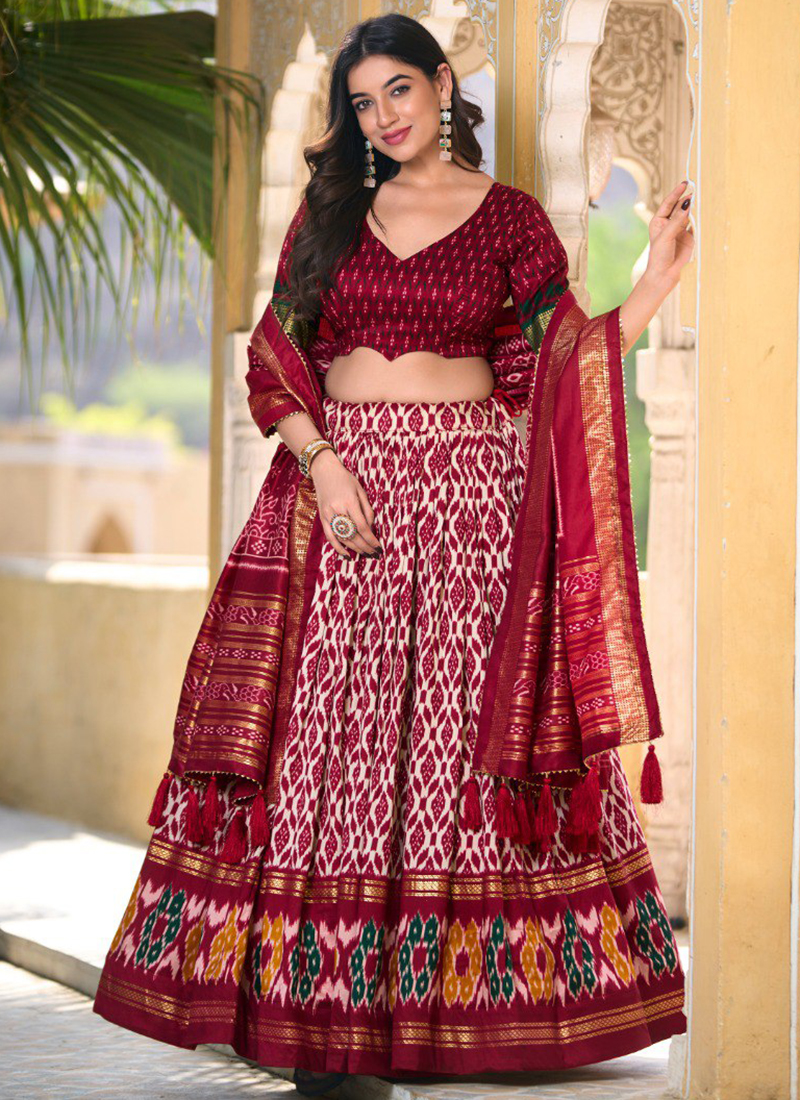 Buy Maroon Tussar Silk Ikkat Print Navratri Wear Lehenga Choli Online From Surat Wholesale Shop